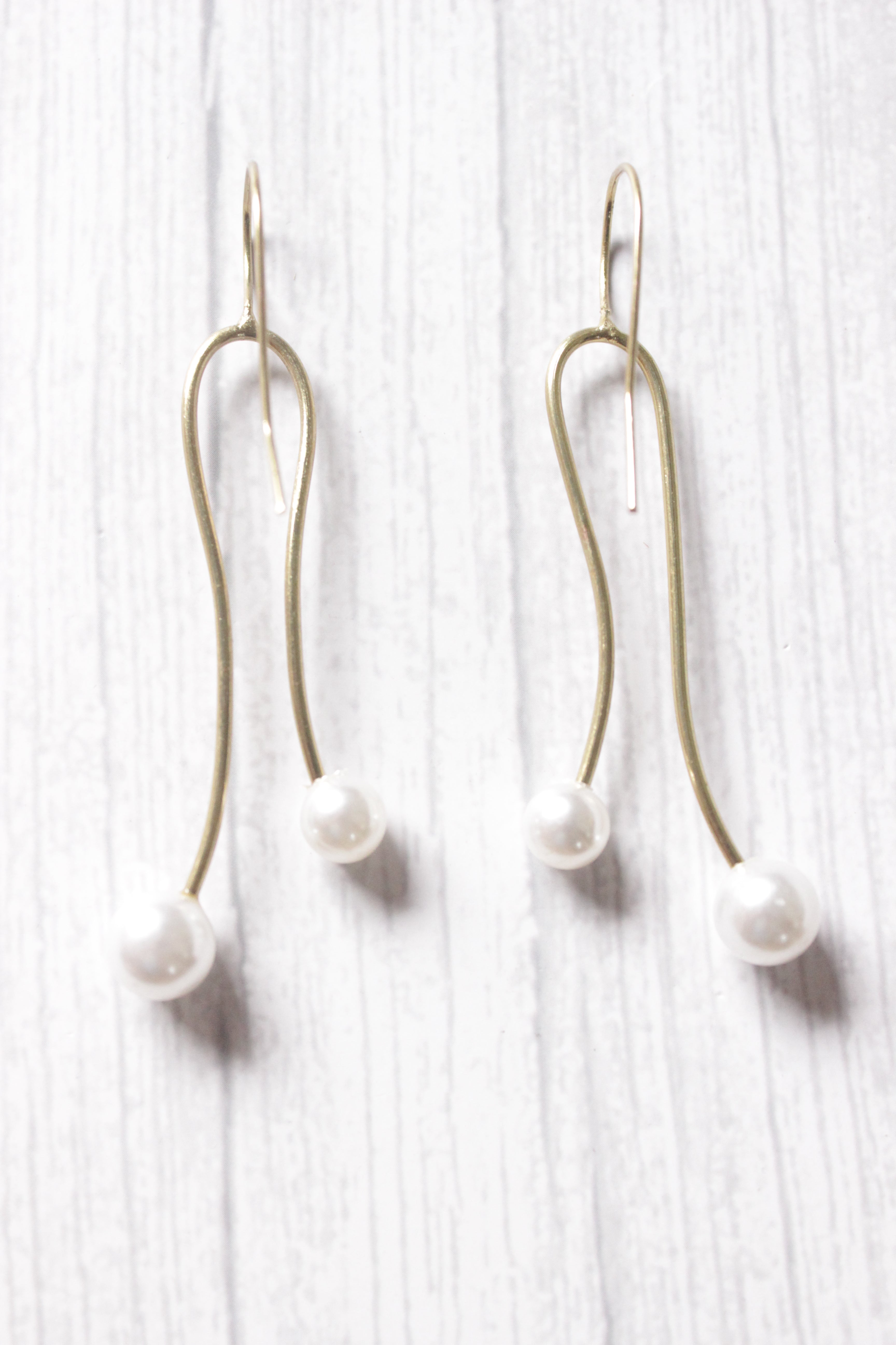 Petite Gold Toned Pearl Bead Embellished Brass Dangler Earrings
