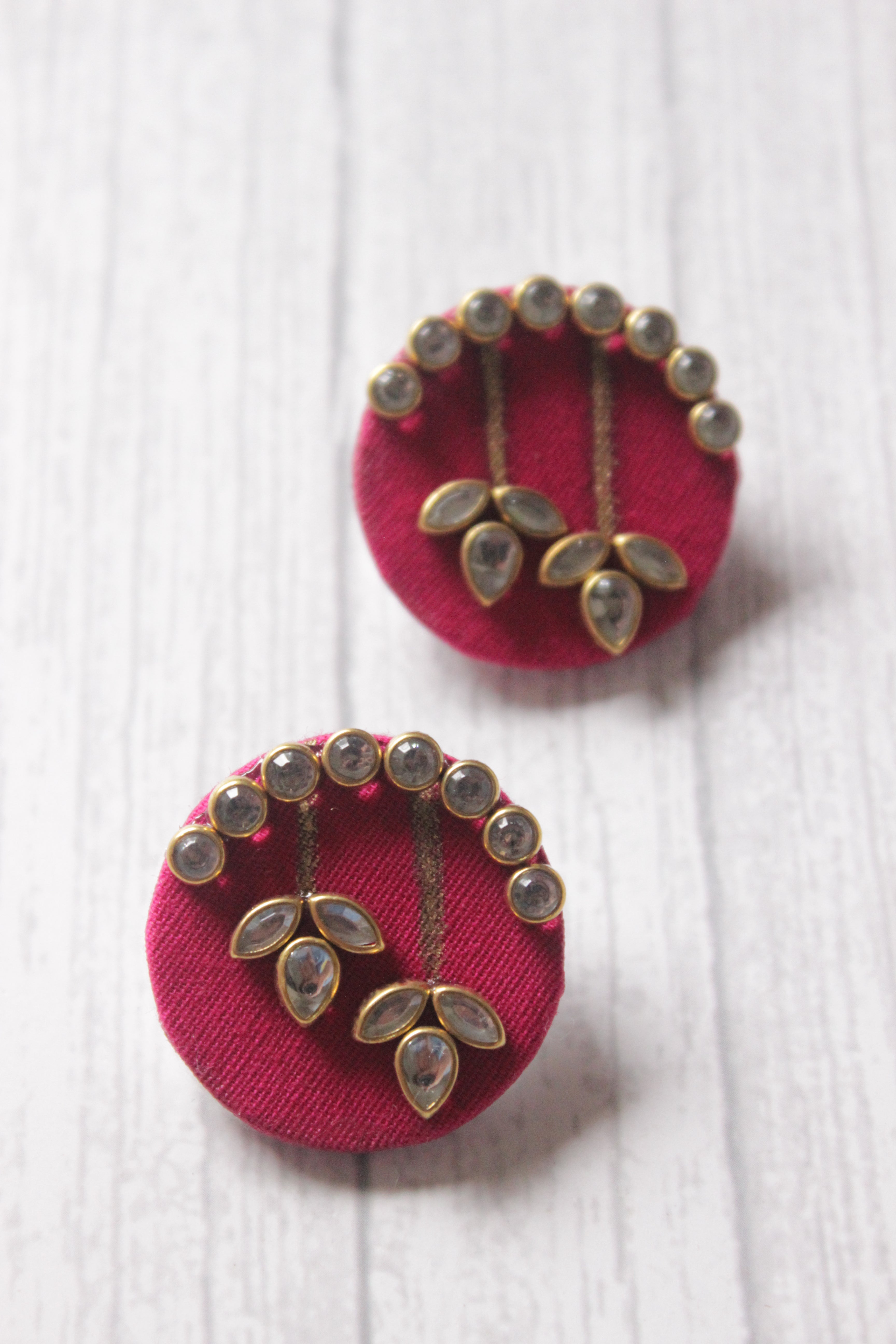 Glass Stones Embedded Gold Tone Handmade Fabric Stud Earrings