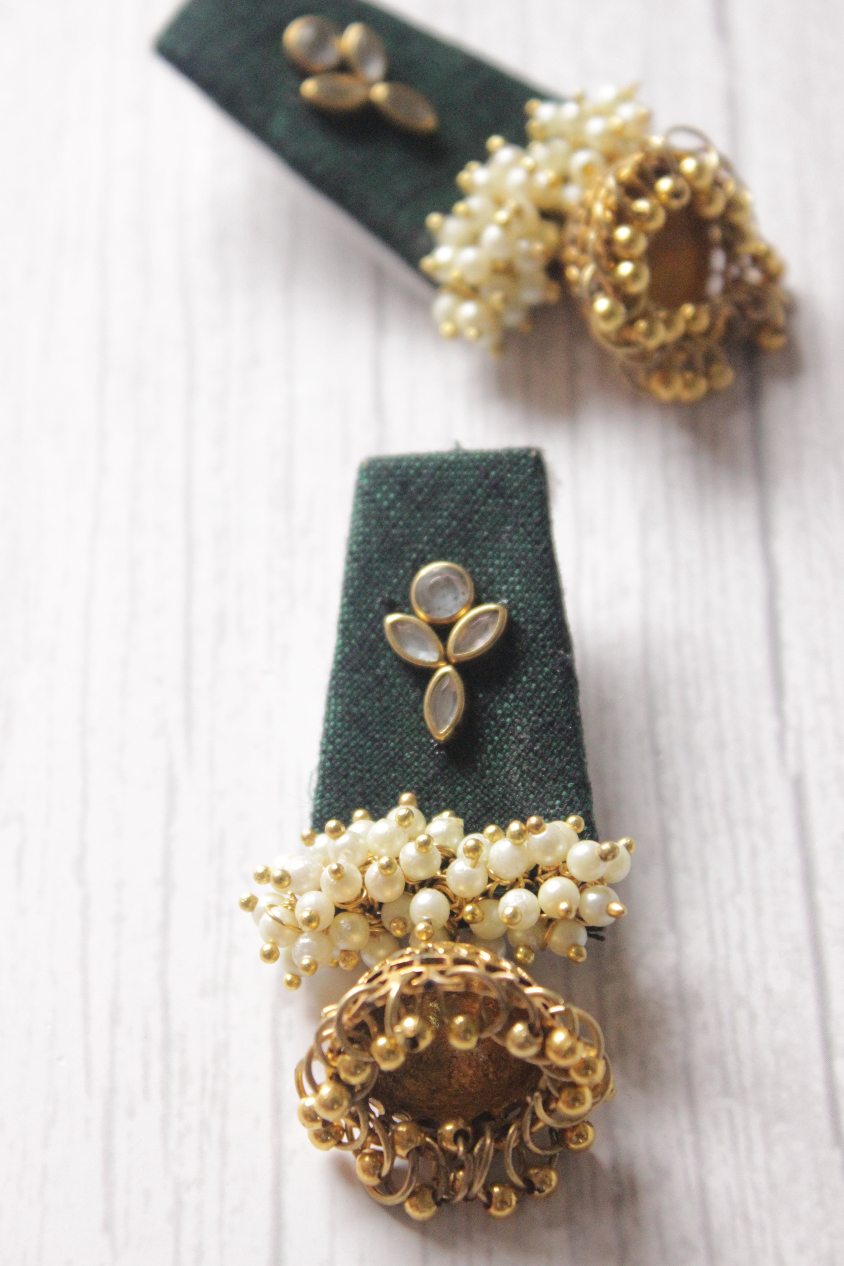 Handcrafted Fabric Jhumka Earrings with Kundan Stones and White Beads