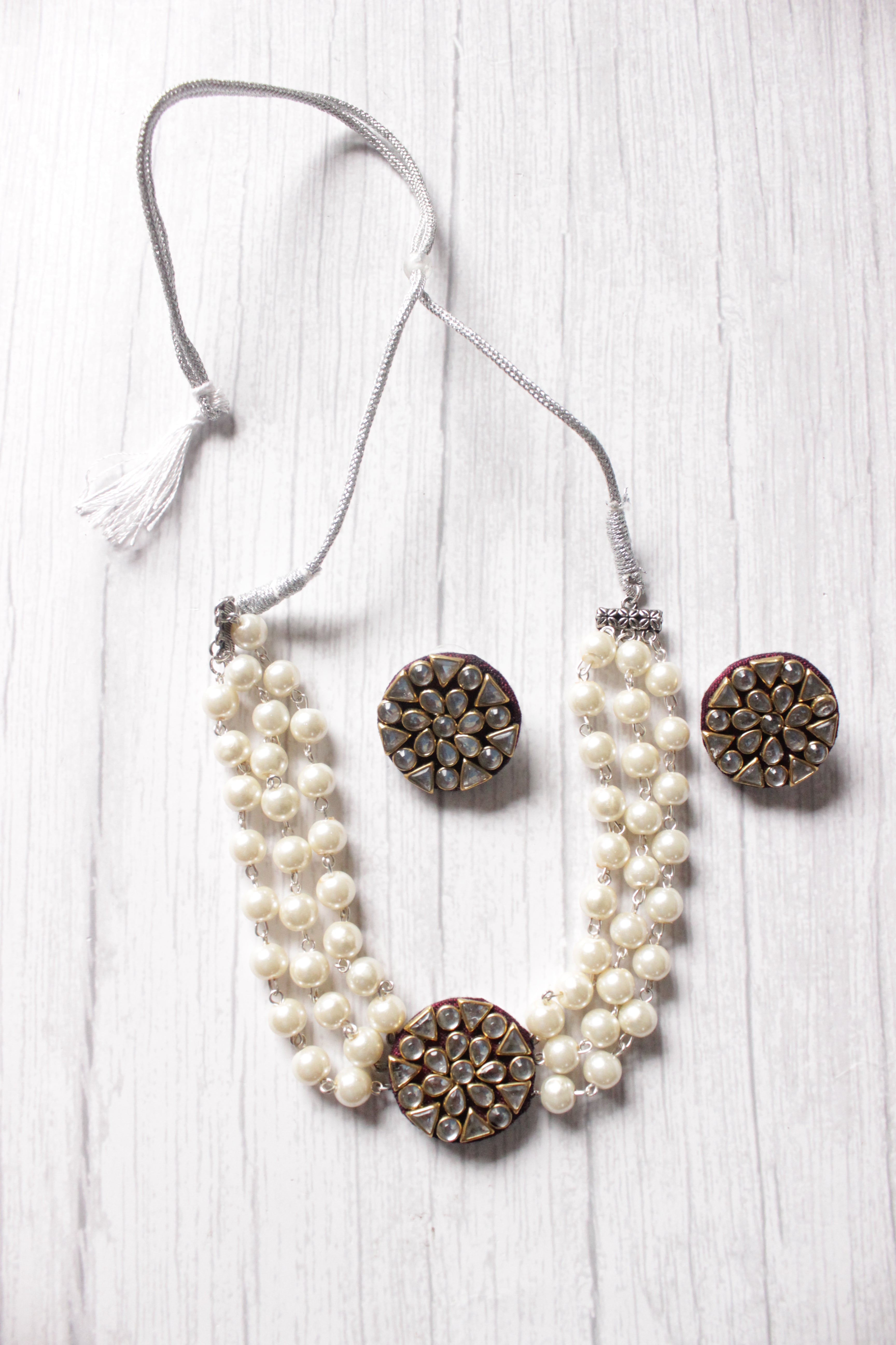 Kundan Stones Embedded Center Pendant White Beads Hand Braided Adjustable Length Choker Necklace Set