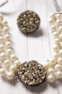 Kundan Stones Embedded Center Pendant White Beads Hand Braided Adjustable Length Choker Necklace Set
