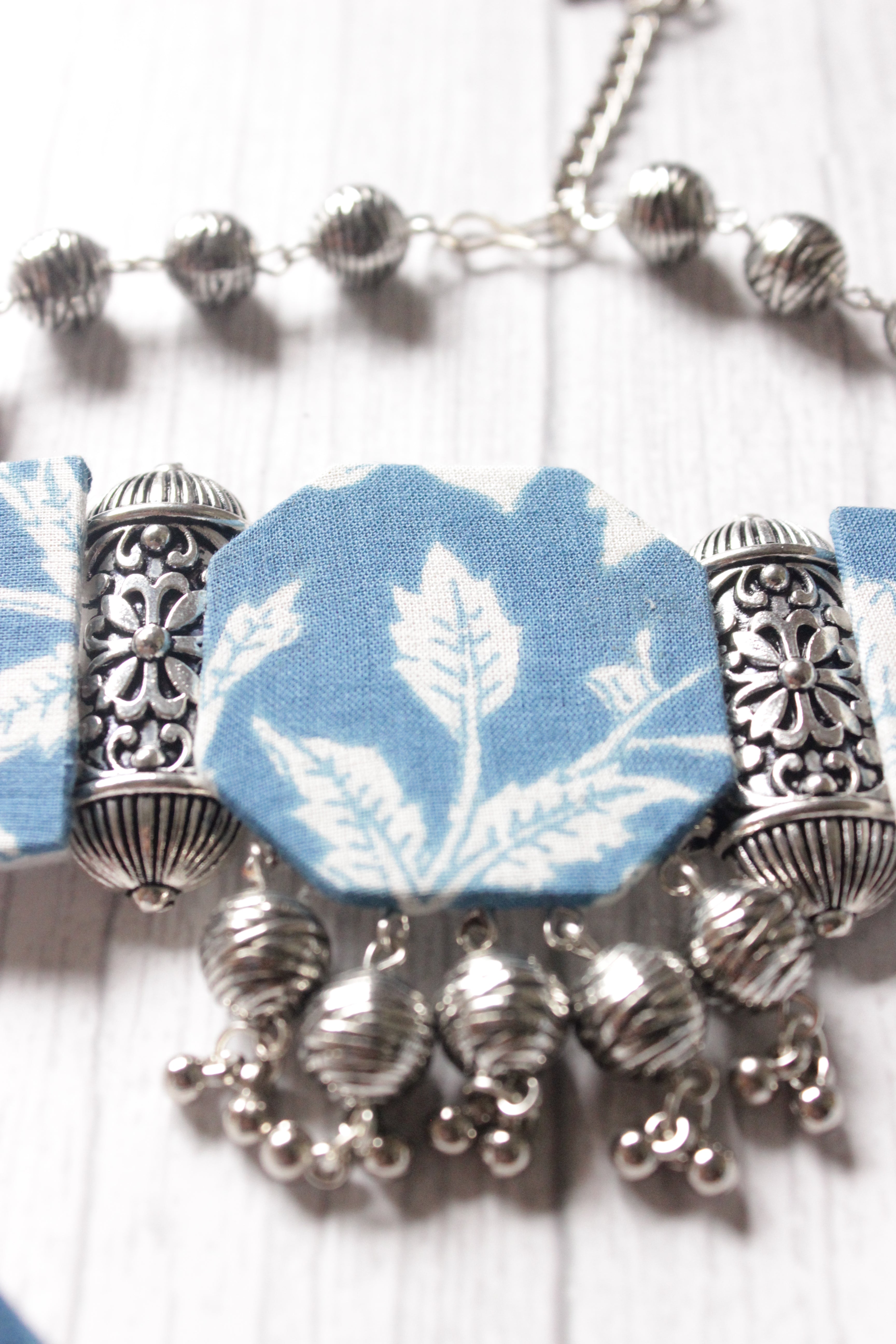 Printed Indigo Fabric Handmade Ball Chain Choker Necklace Set