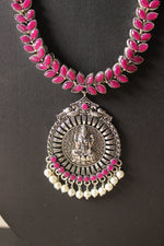 Load image into Gallery viewer, Fuchsia Glass Stones Embedded Religious Motif Adjustable Length Metal Necklace Set with Jhumka Earrings
