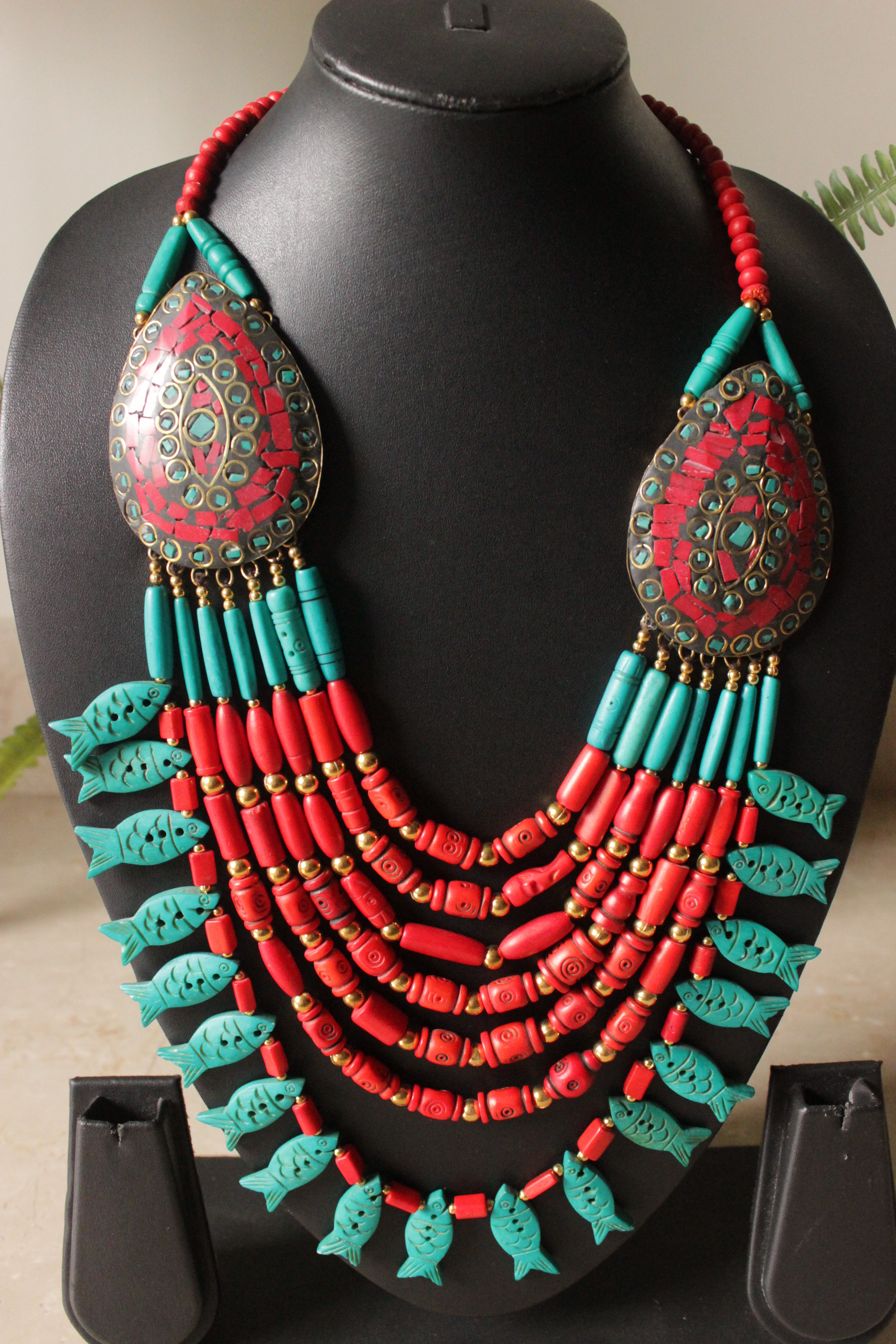 Turquoise & Red Wooden Beads Tribal Motifs Handcrafted Statement African Tribal Necklace