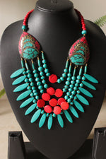 Load image into Gallery viewer, Red &amp; Turquoise Wooden Beads Tribal Motifs Handcrafted Statement African Tribal Necklace
