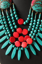 Load image into Gallery viewer, Red &amp; Turquoise Wooden Beads Tribal Motifs Handcrafted Statement African Tribal Necklace
