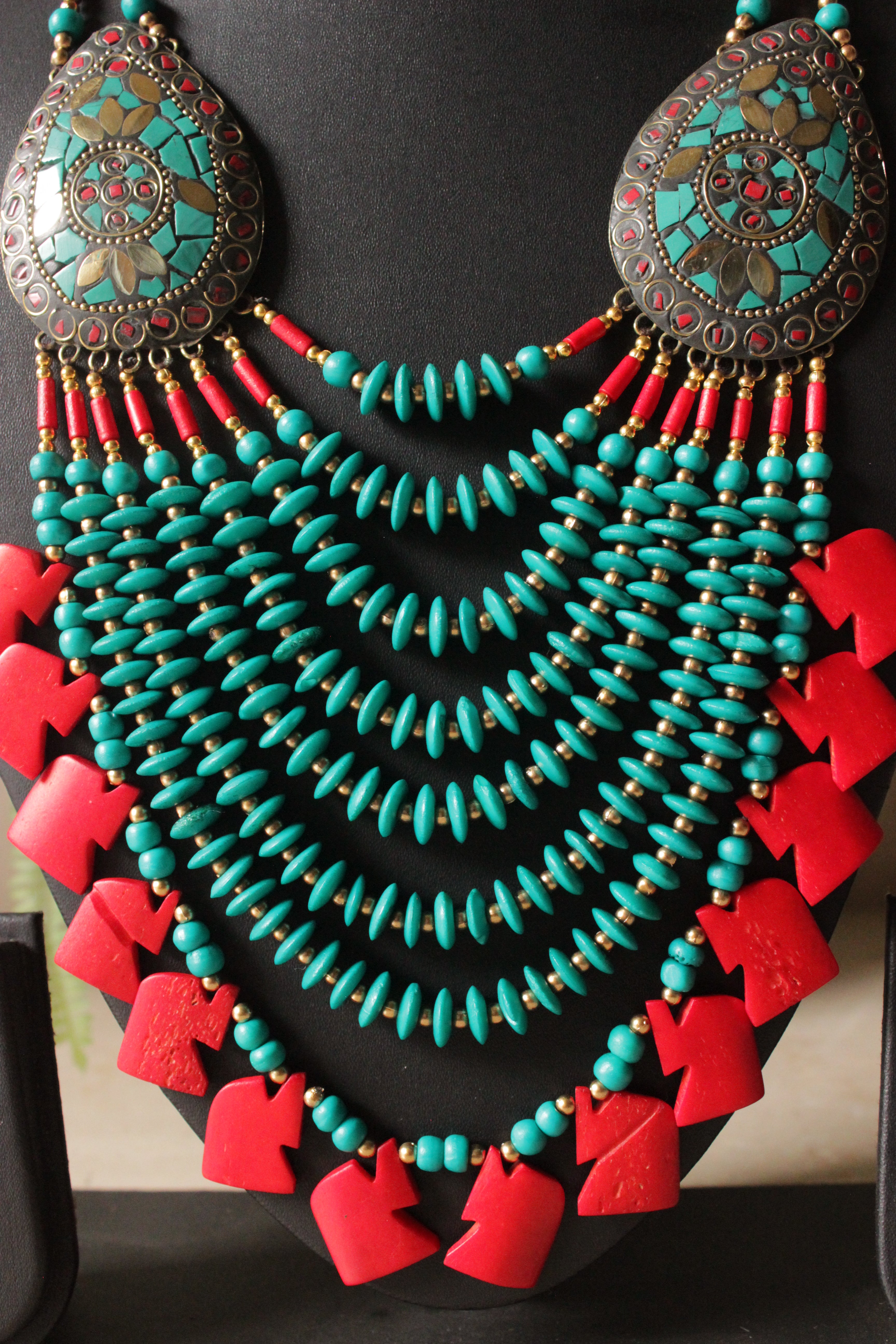 Turquoise & Red Wooden Beads Elephant Charms Tribal Motifs Handcrafted Statement African Tribal Necklace