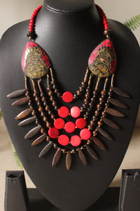 Red & Brown Wooden Beads Tribal Motifs Handcrafted Statement African Tribal Necklace