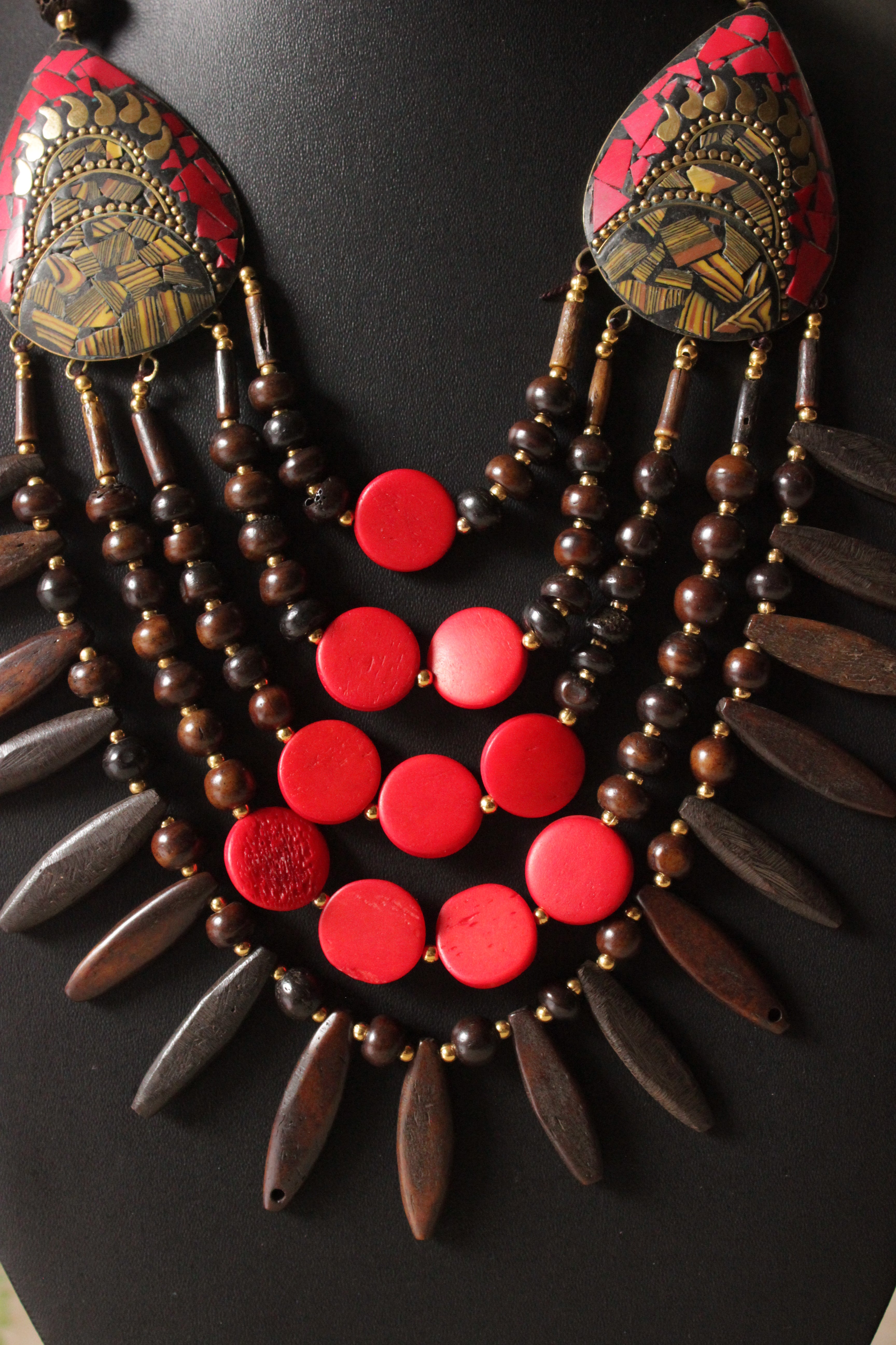 Red & Brown Wooden Beads Tribal Motifs Handcrafted Statement African Tribal Necklace