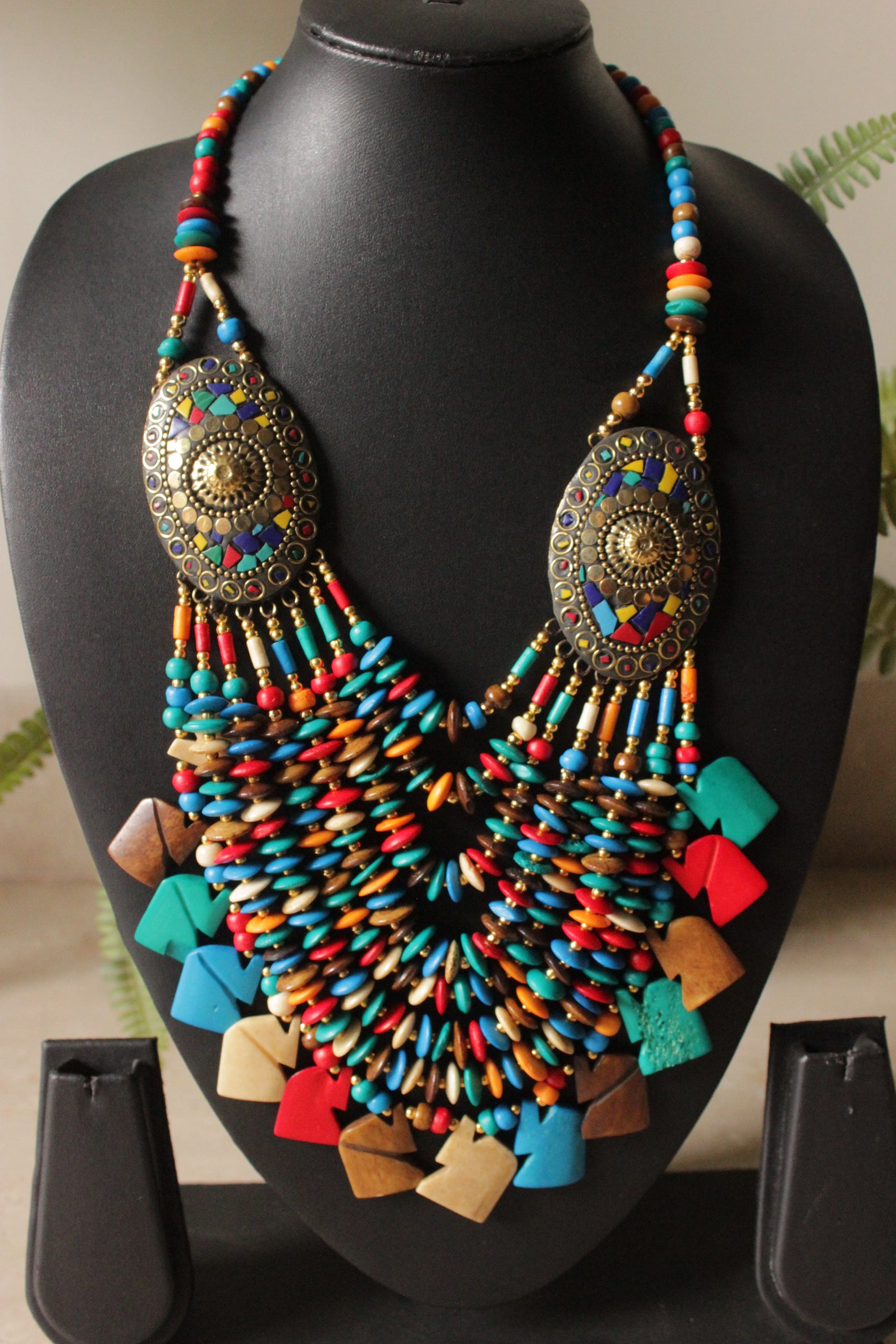 Multi-Color Wooden Beads Elephant Charms Tribal Motifs Handcrafted Statement African Tribal Necklace