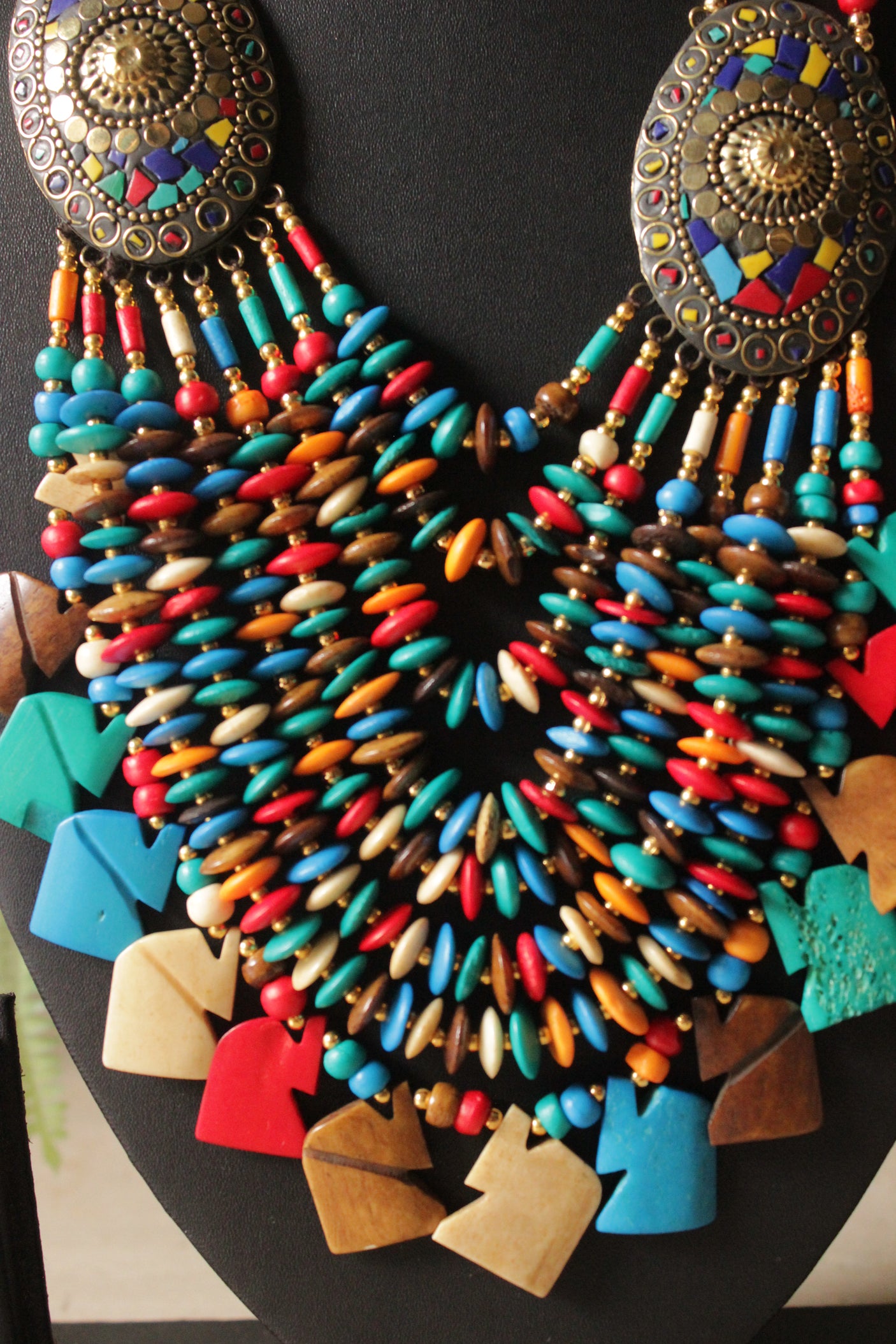 Multi-Color Wooden Beads Elephant Charms Tribal Motifs Handcrafted Statement African Tribal Necklace