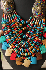 Multi-Color Wooden Beads Elephant Charms Tribal Motifs Handcrafted Statement African Tribal Necklace