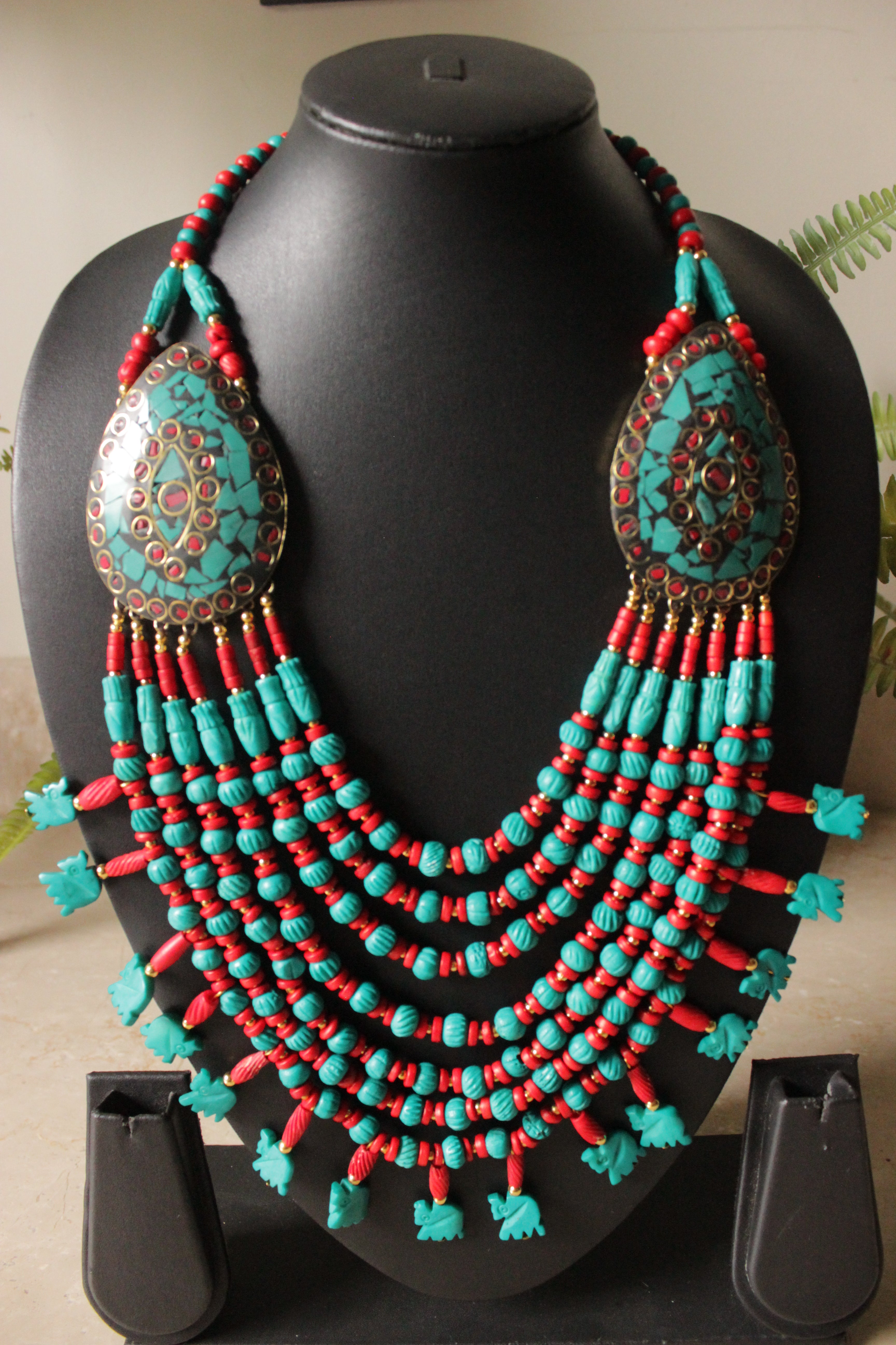 Turquoise & Red Bone Beads Elephant Charms Tribal Motifs Handcrafted Statement African Tribal Necklace