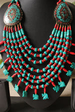 Load image into Gallery viewer, Turquoise &amp; Red Bone Beads Elephant Charms Tribal Motifs Handcrafted Statement African Tribal Necklace
