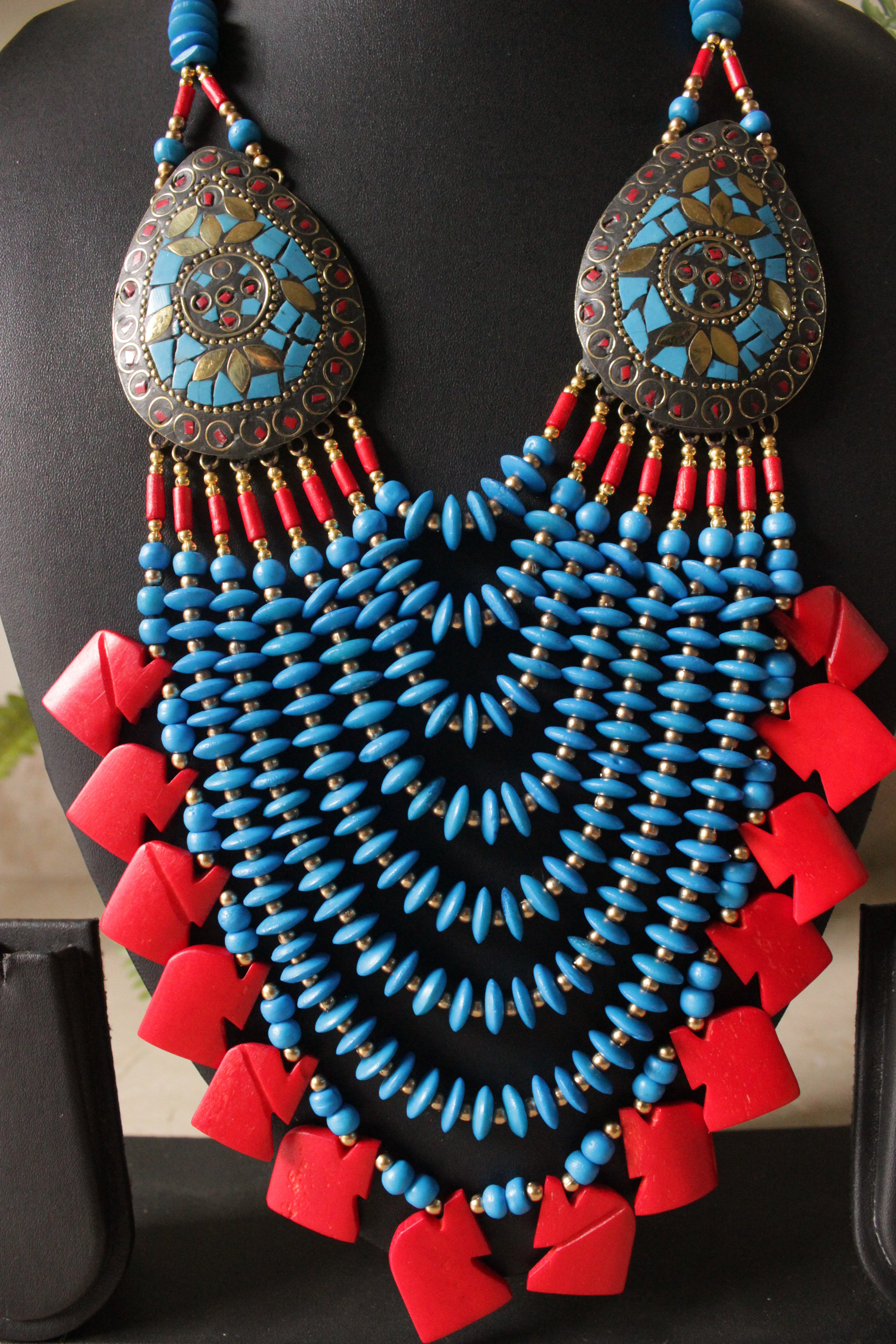 Sky Blue & Red Bone Beads Elephant Charms Tribal Motifs Handcrafted Statement African Tribal Necklace