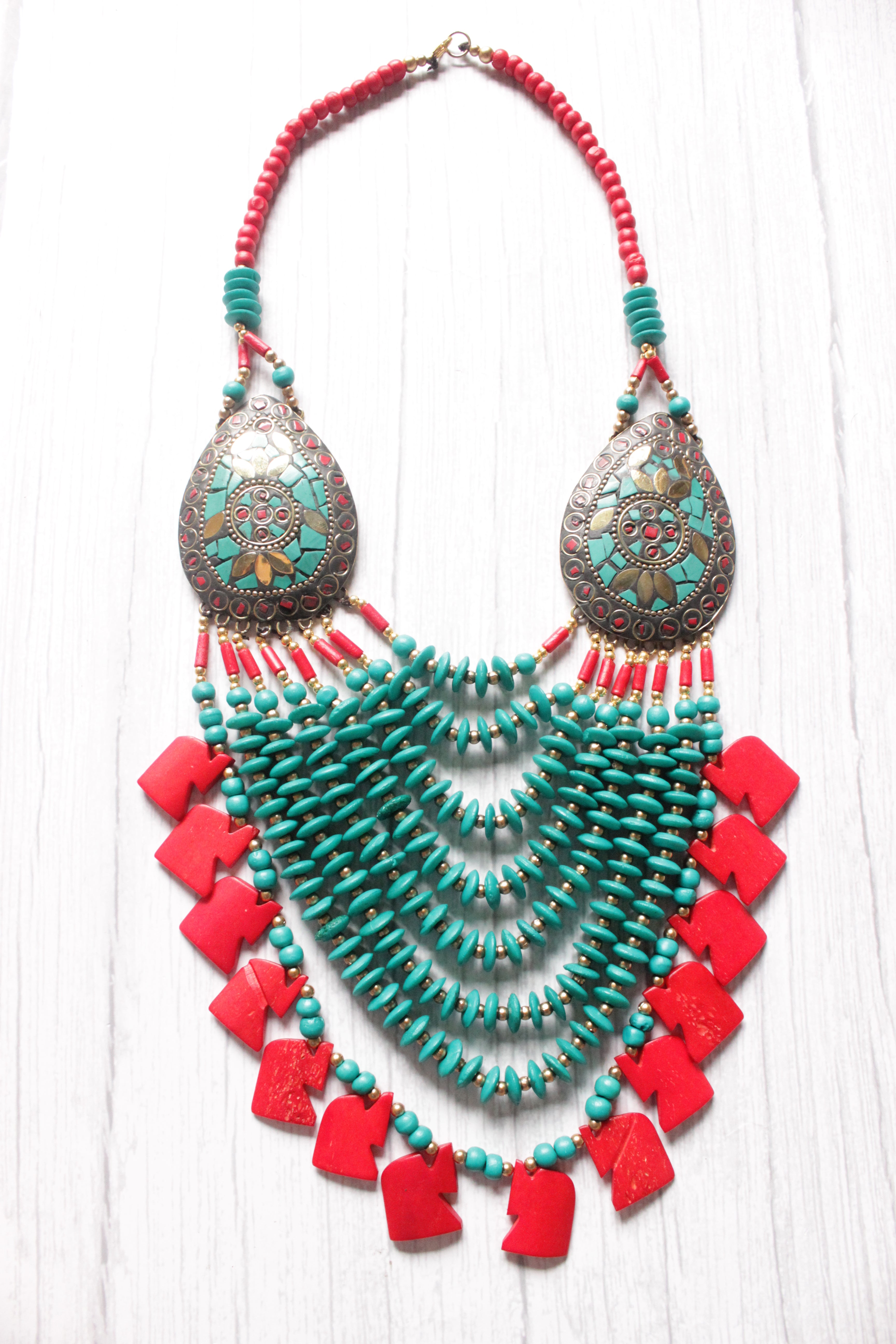 Turquoise & Red Wooden Beads Elephant Charms Tribal Motifs Handcrafted Statement African Tribal Necklace