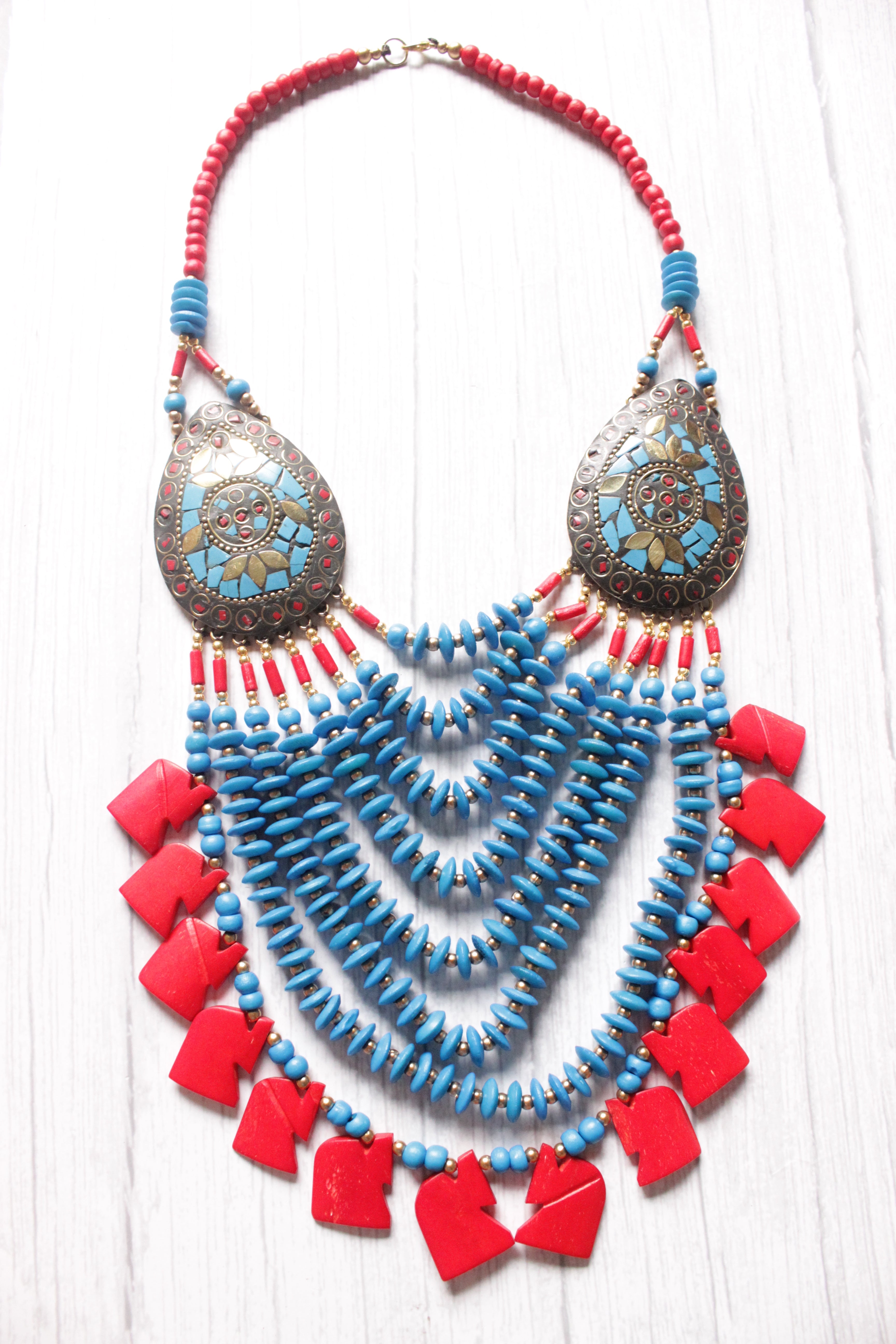 Sky Blue & Red Bone Beads Elephant Charms Tribal Motifs Handcrafted Statement African Tribal Necklace