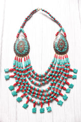 Turquoise & Red Bone Beads Elephant Charms Tribal Motifs Handcrafted Statement African Tribal Necklace