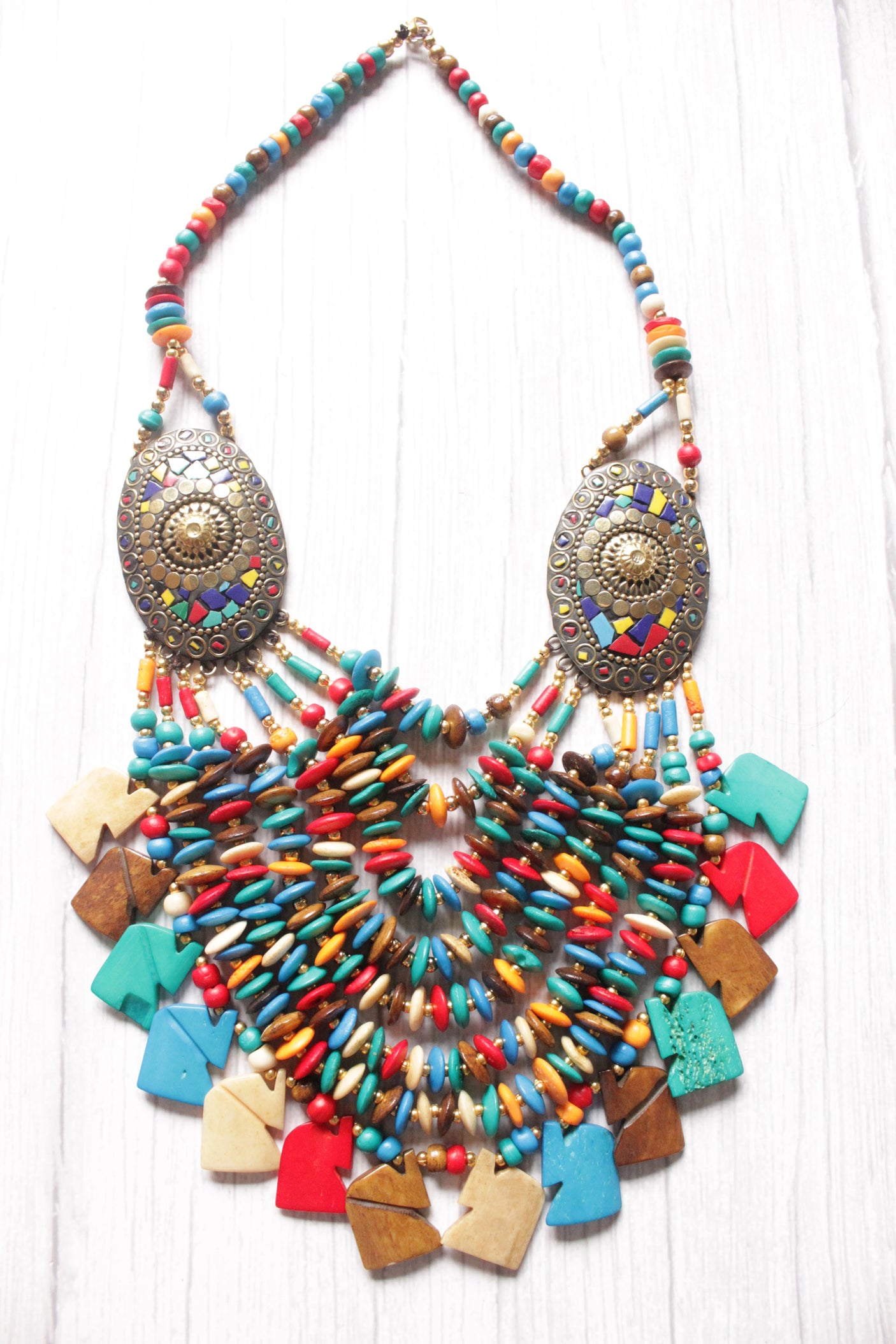 Multi-Color Wooden Beads Elephant Charms Tribal Motifs Handcrafted Statement African Tribal Necklace