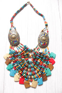 Multi-Color Wooden Beads Elephant Charms Tribal Motifs Handcrafted Statement African Tribal Necklace