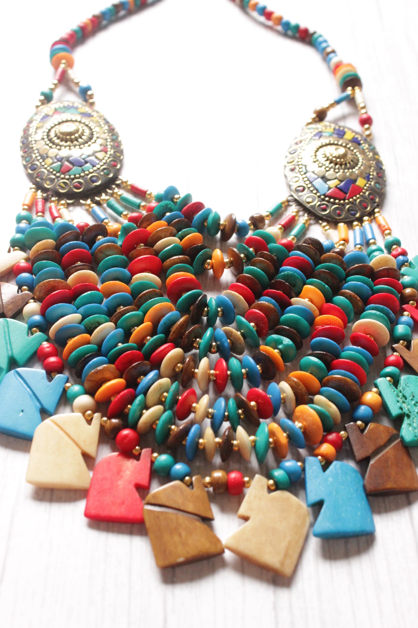 Multi-Color Wooden Beads Elephant Charms Tribal Motifs Handcrafted Statement African Tribal Necklace