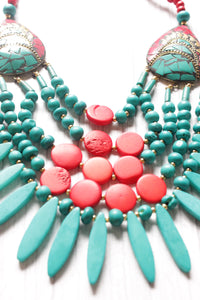 Red & Turquoise Wooden Beads Tribal Motifs Handcrafted Statement African Tribal Necklace