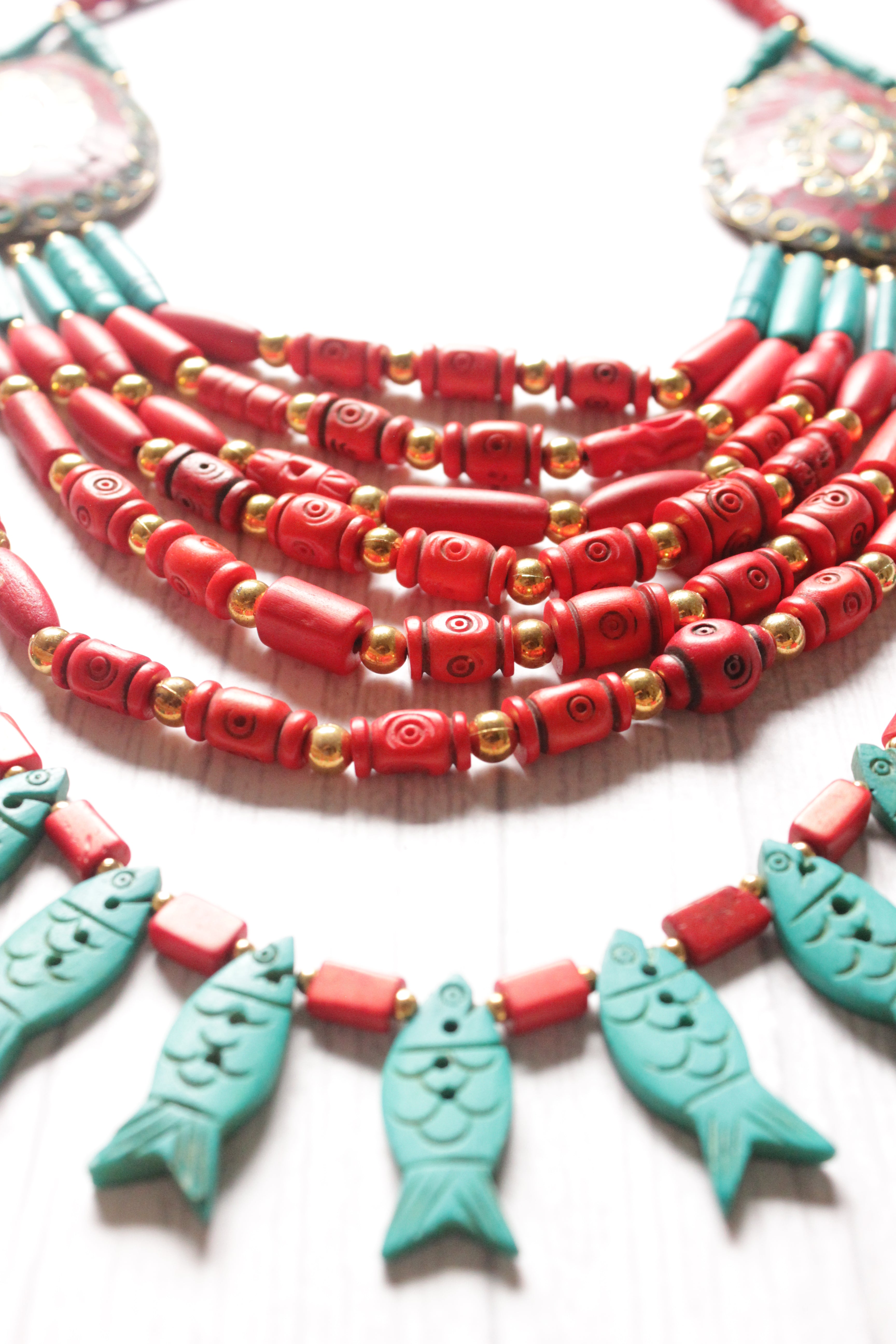 Turquoise & Red Wooden Beads Tribal Motifs Handcrafted Statement African Tribal Necklace