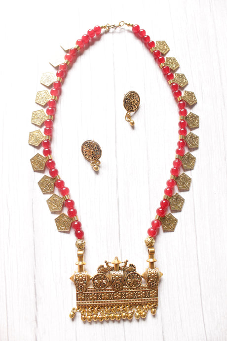 Gold Toned Stamped Coins Red Beads Braided Statement Pendant Necklace Set