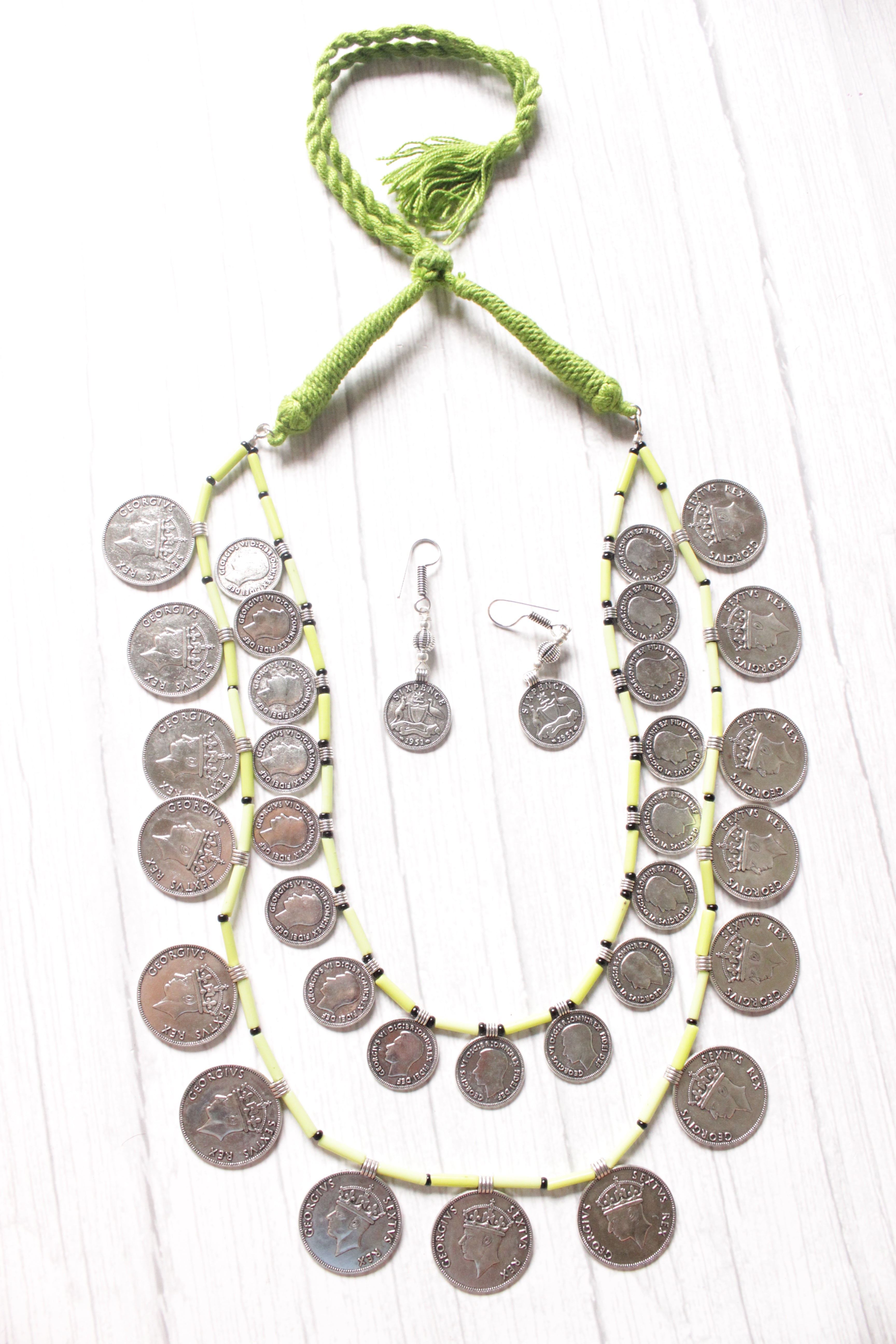 2 Layer Lime Green Beads and Vintage Stamped Metal Coins Braided Necklace Set