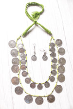 Load image into Gallery viewer, 2 Layer Lime Green Beads and Vintage Stamped Metal Coins Braided Necklace Set
