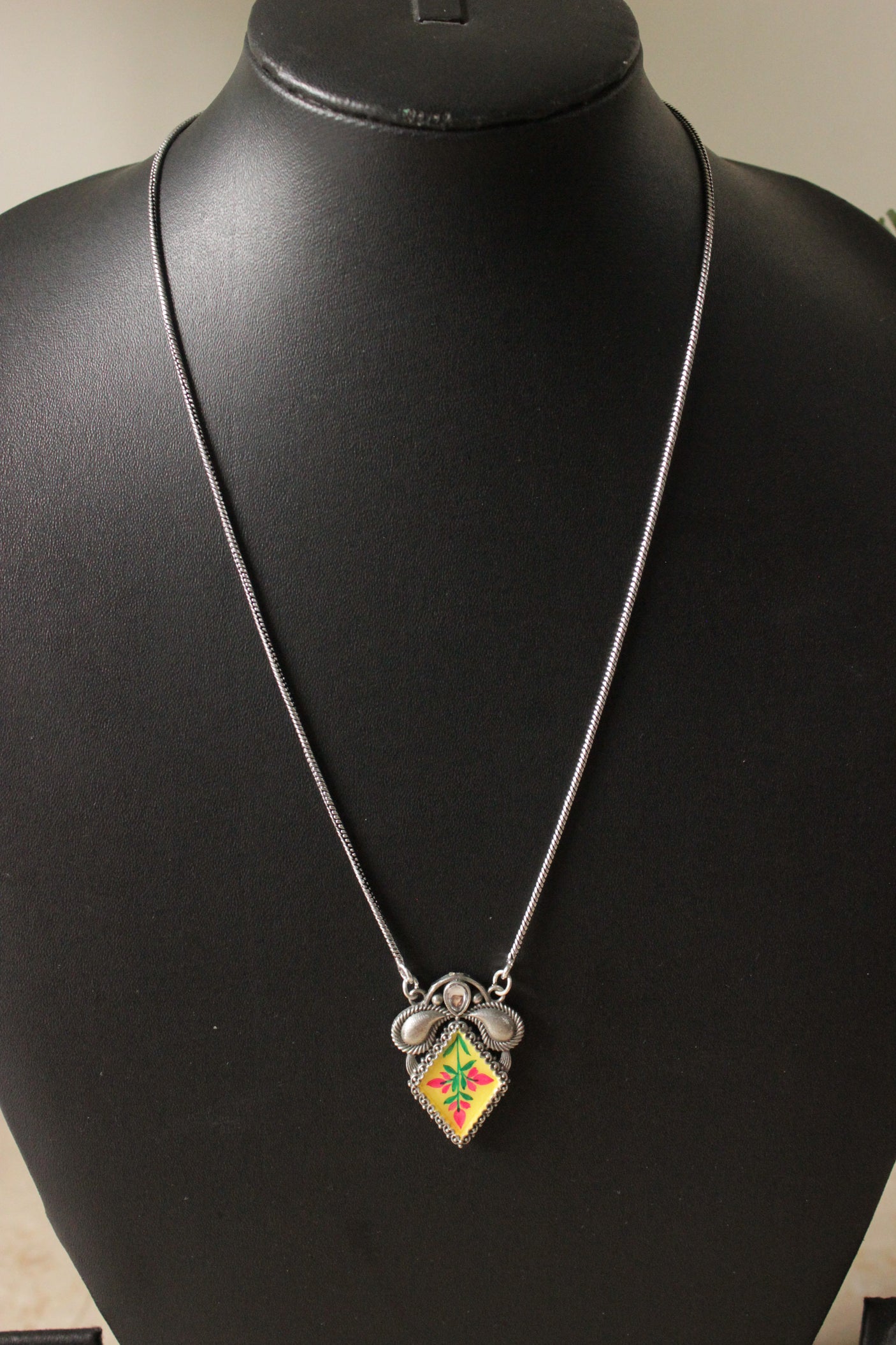 Oxidised Silver Finish Hand Painted Pendant Chain Necklace
