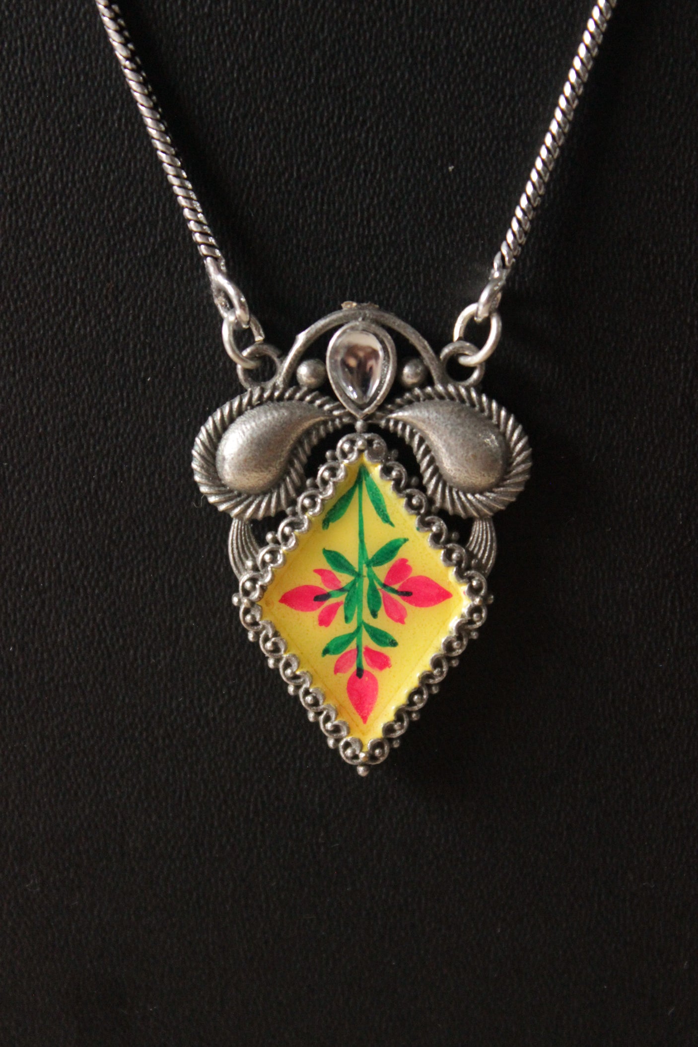 Oxidised Silver Finish Hand Painted Pendant Chain Necklace