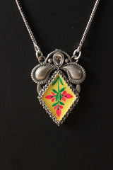 Oxidised Silver Finish Hand Painted Pendant Chain Necklace