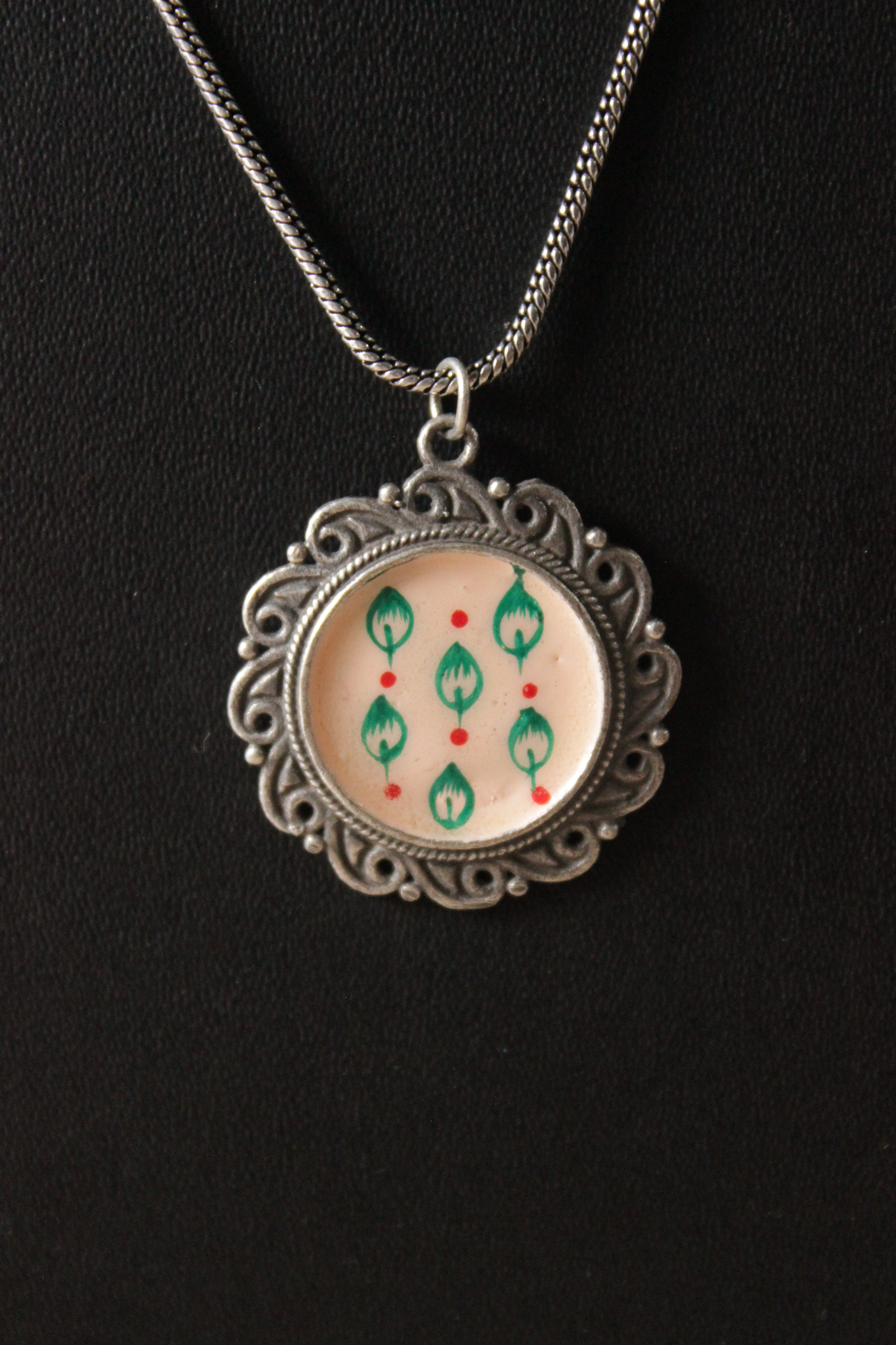Oxidised Silver Finish Hand Painted Pendant Chain Necklace
