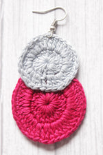 Load image into Gallery viewer, White and Pink Circular Crochet Hand Knitted Dangler Earrings
