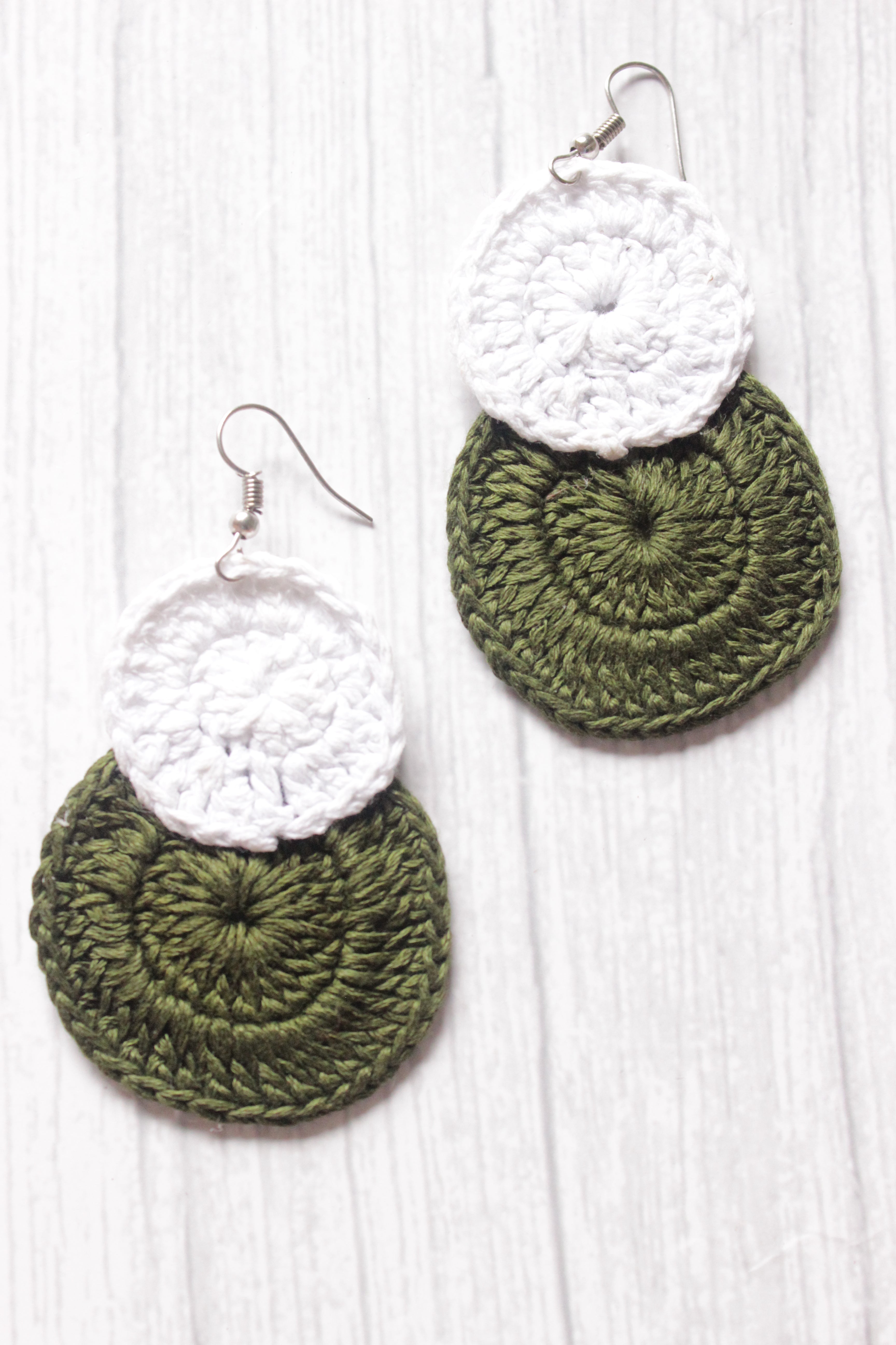 White and Mehendi Green Circular Crochet Hand Knitted Dangler Earrings