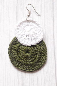 White and Mehendi Green Circular Crochet Hand Knitted Dangler Earrings