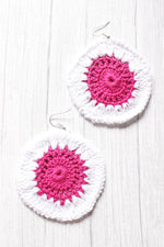 Load image into Gallery viewer, White and Pink Circular Crochet Hand Knitted Dangler Earrings
