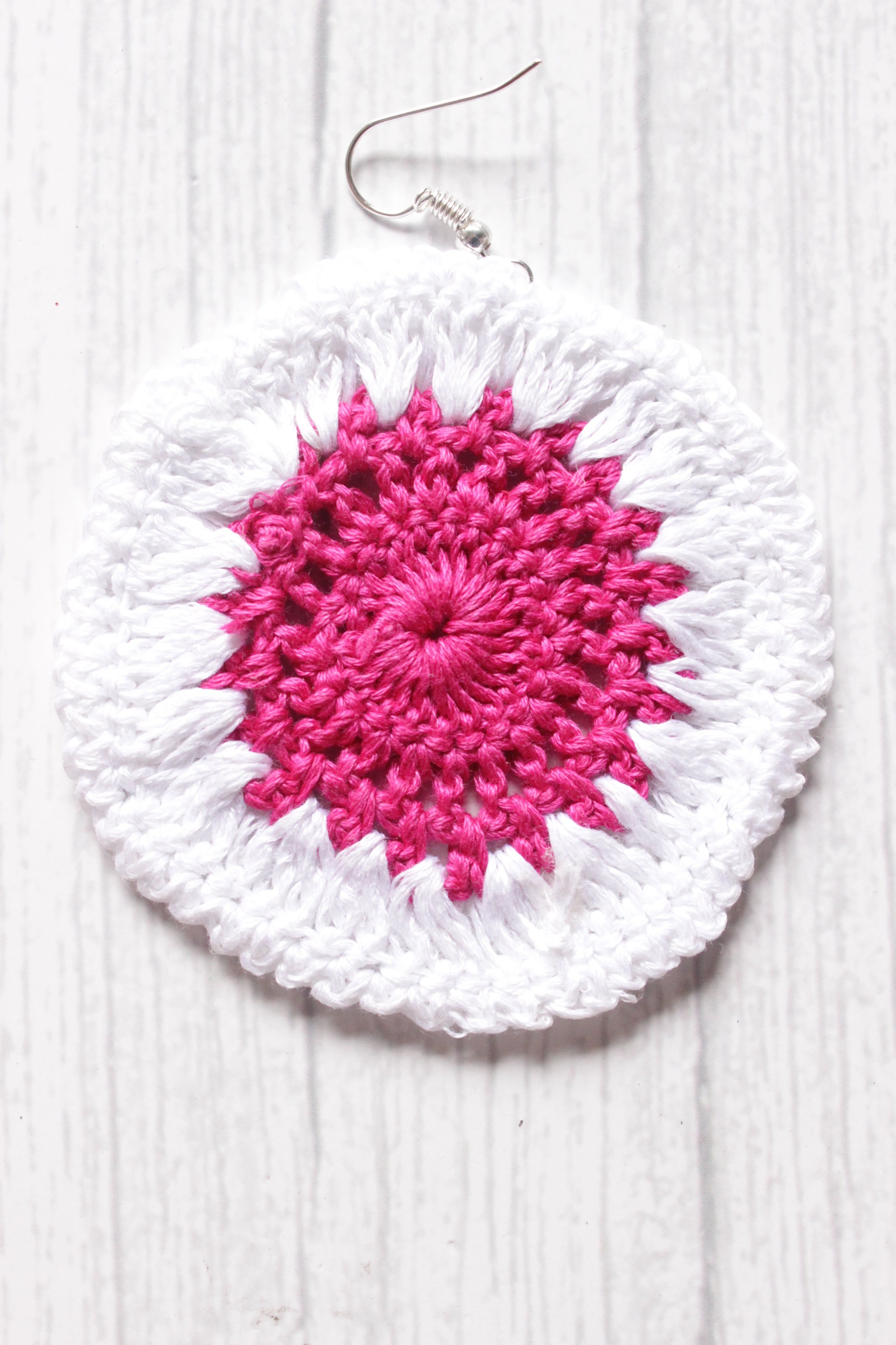 White and Pink Circular Crochet Hand Knitted Dangler Earrings