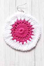 Load image into Gallery viewer, White and Pink Circular Crochet Hand Knitted Dangler Earrings
