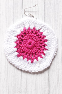 White and Pink Circular Crochet Hand Knitted Dangler Earrings