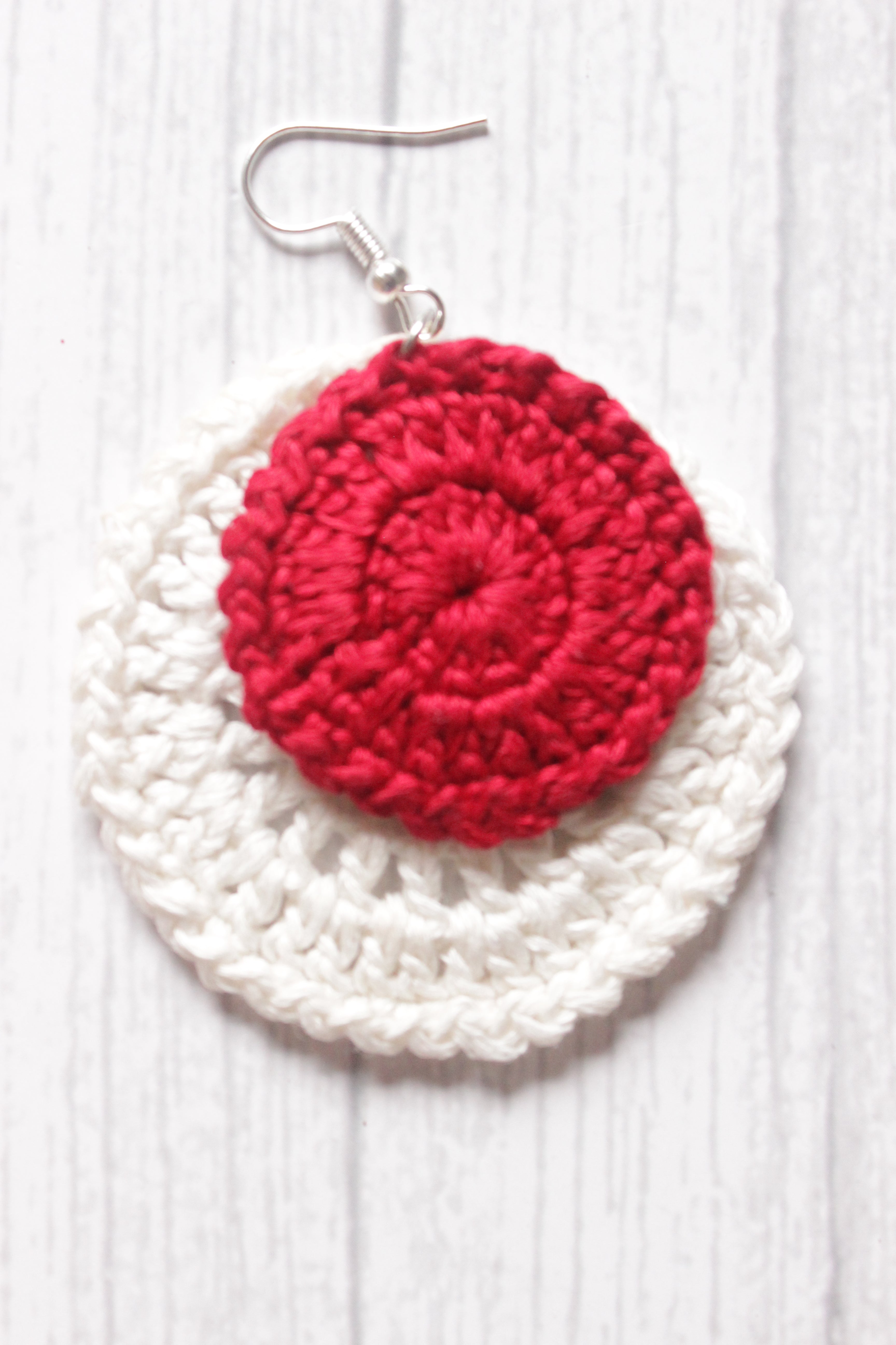 Red & White Circular Crochet Hand Knitted Dangler Earrings