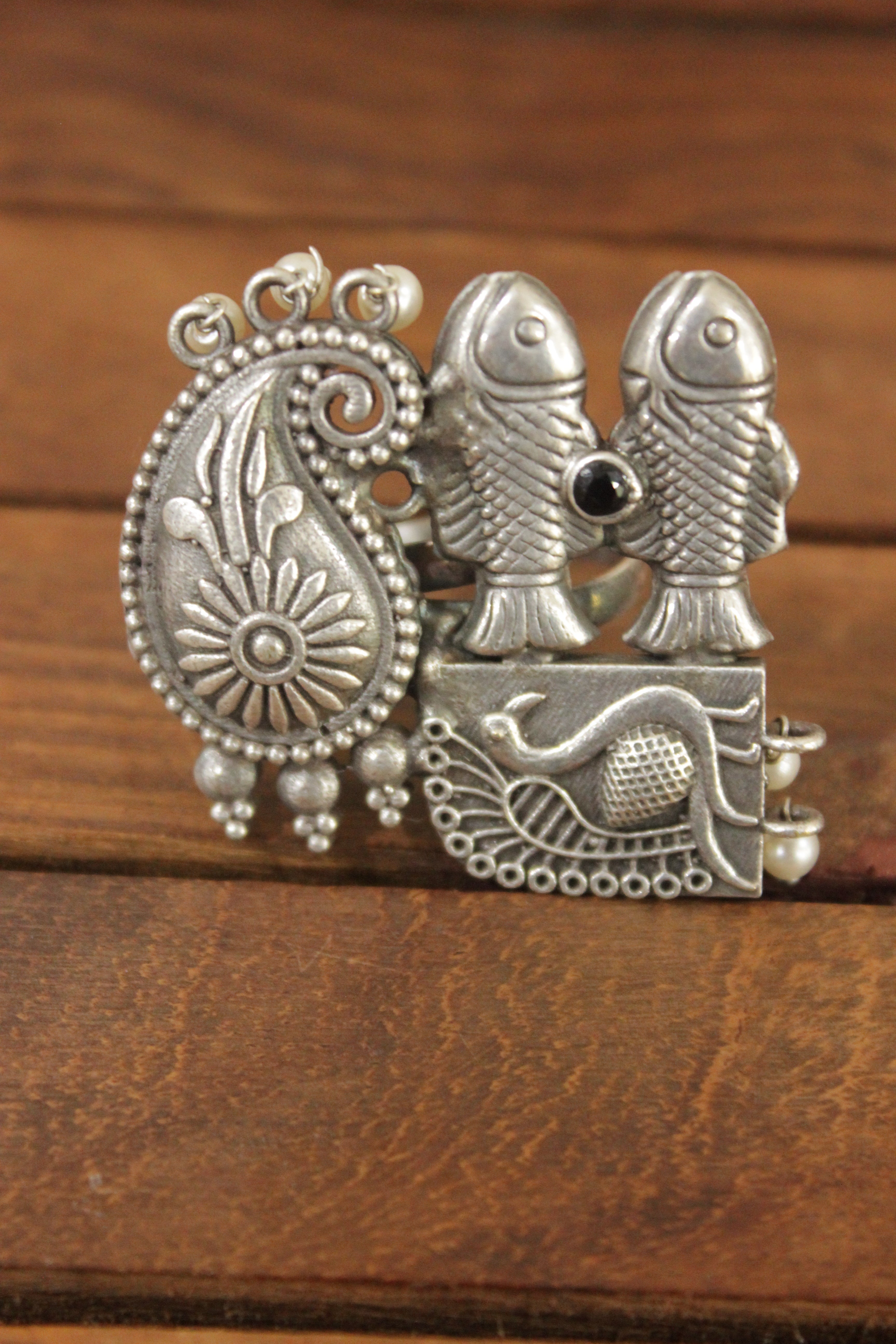 Oxidised Silver Finish Peacock & Fish Motifs Intricately Detailed Statement Cocktail Ring