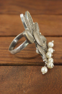 Oxidised Silver Finish Leaf Motifs Statement Cocktail Ring Embellished with White Beads