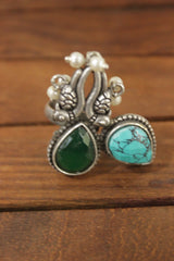Turquoise & Green Glass Stones Embedded Oxidised Silver Finish Peacock Motif Intricately Detailed Statement Cocktail Ring