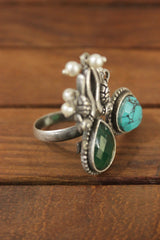 Turquoise & Green Glass Stones Embedded Oxidised Silver Finish Peacock Motif Intricately Detailed Statement Cocktail Ring