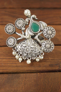 Oxidised Silver Finish Peacock & Flower Motifs Intricately Detailed Statement Cocktail Ring