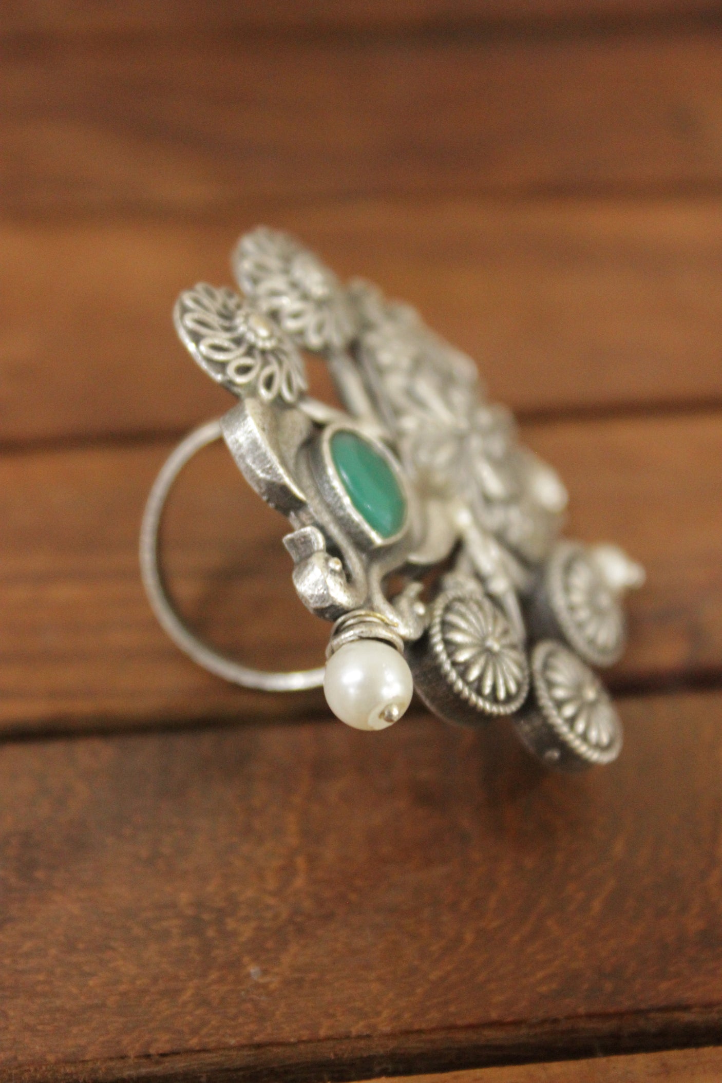 Oxidised Silver Finish Peacock & Flower Motifs Intricately Detailed Statement Cocktail Ring