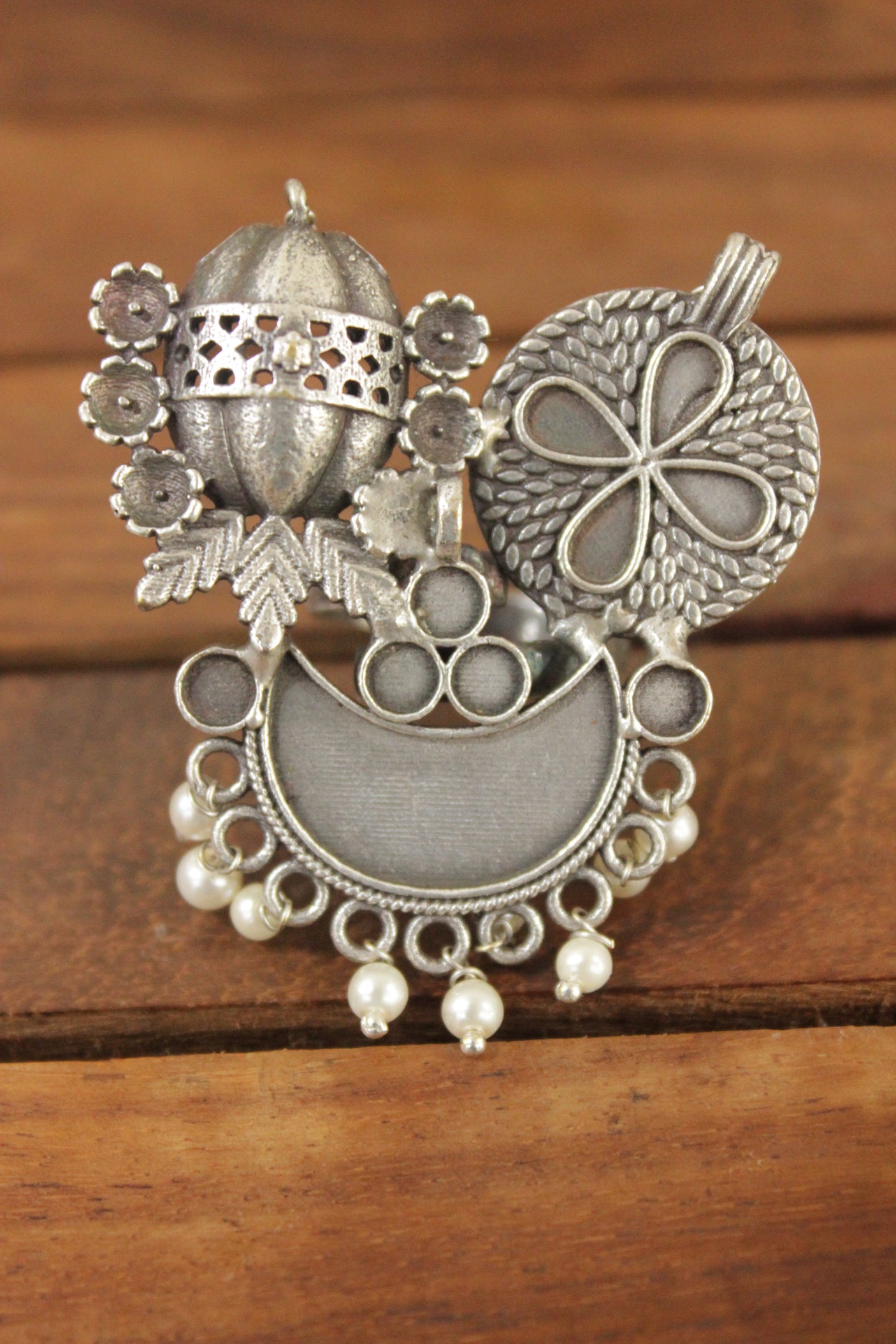Oxidised Silver Finish Crescent Moon Shape Intricately Detailed Statement Cocktail Ring