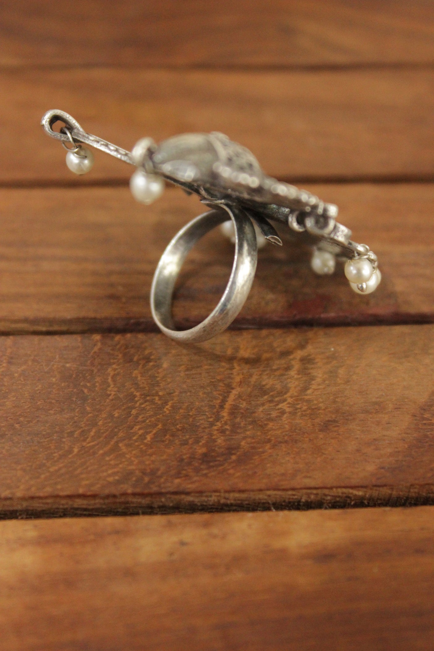 Oxidised Silver Finish Crescent Moon Shape Intricately Detailed Statement Cocktail Ring